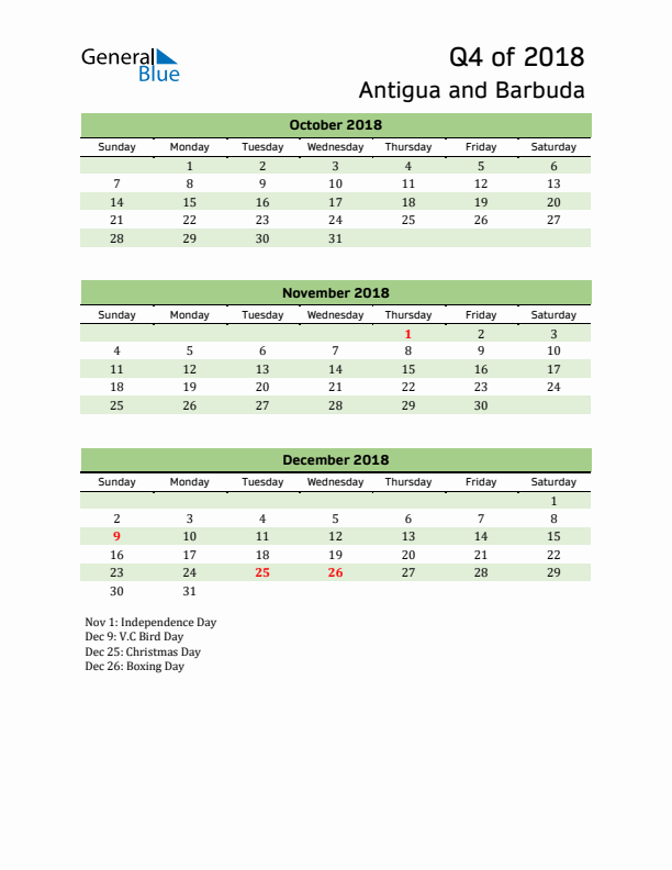 Quarterly Calendar 2018 with Antigua and Barbuda Holidays