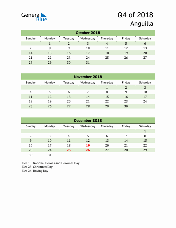 Quarterly Calendar 2018 with Anguilla Holidays