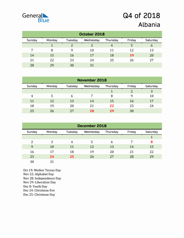 Quarterly Calendar 2018 with Albania Holidays