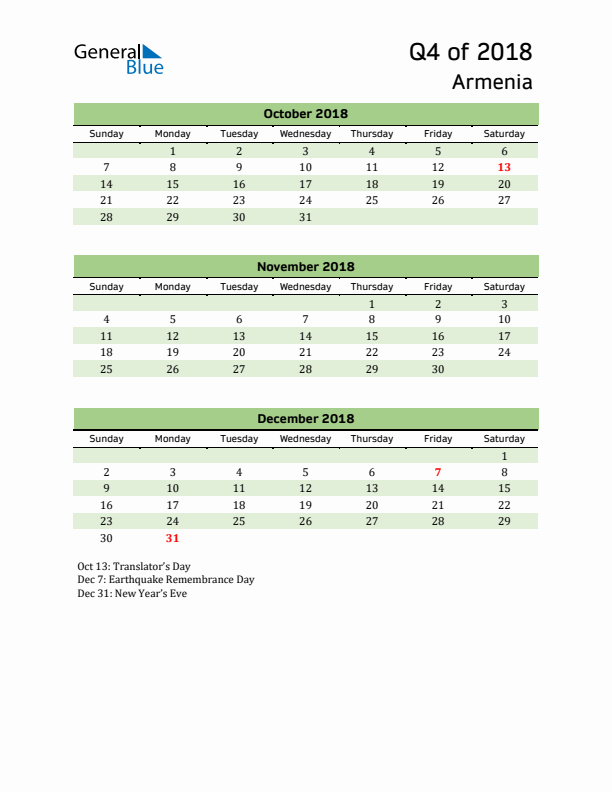 Quarterly Calendar 2018 with Armenia Holidays