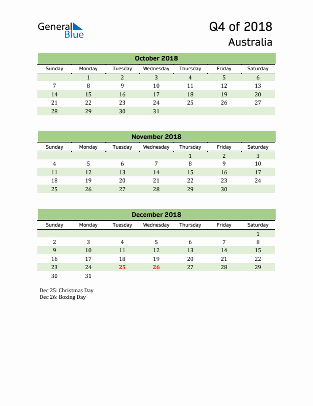 Quarterly Calendar 2018 with Australia Holidays