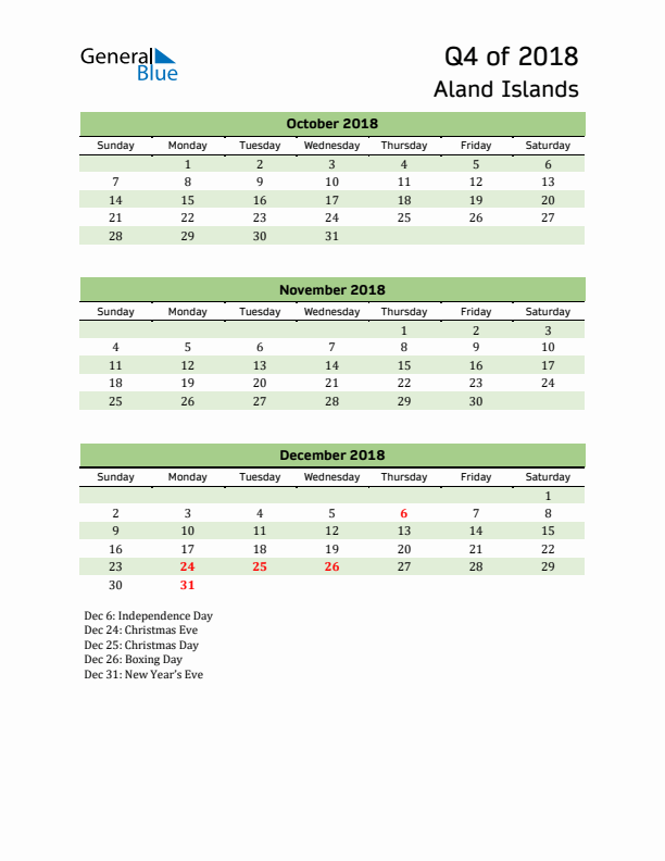 Quarterly Calendar 2018 with Aland Islands Holidays