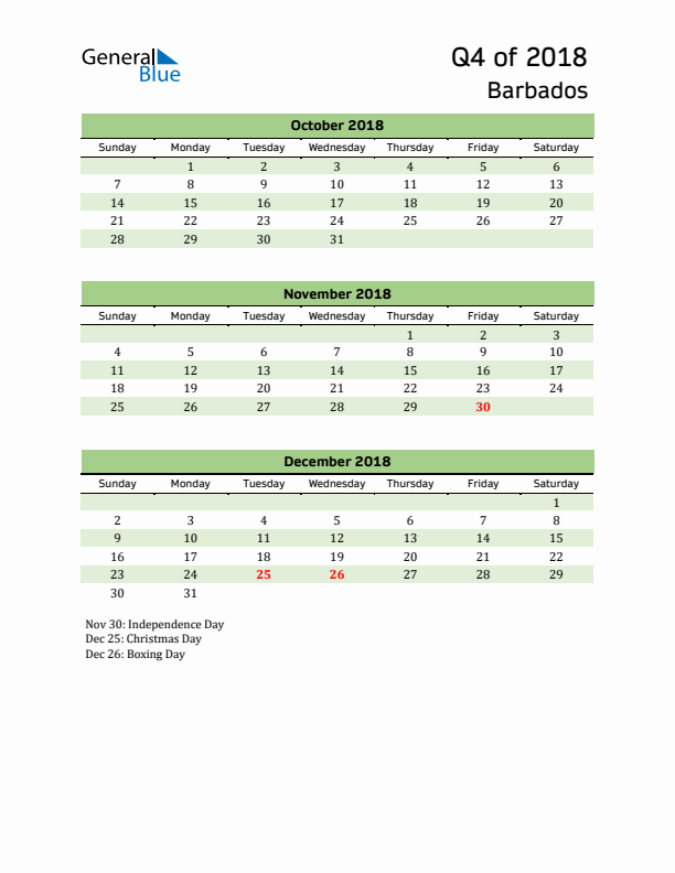 Quarterly Calendar 2018 with Barbados Holidays