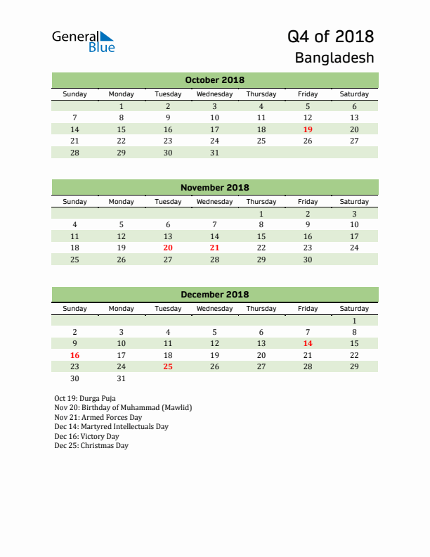 Quarterly Calendar 2018 with Bangladesh Holidays