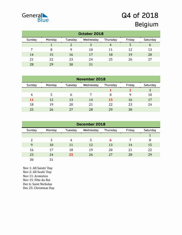 Quarterly Calendar 2018 with Belgium Holidays