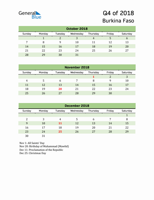 Quarterly Calendar 2018 with Burkina Faso Holidays