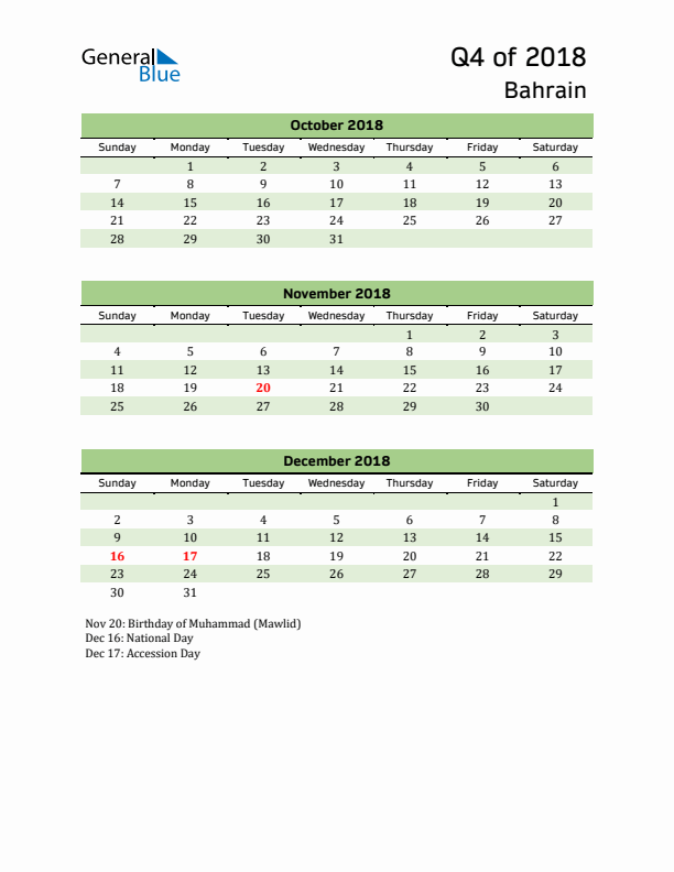 Quarterly Calendar 2018 with Bahrain Holidays