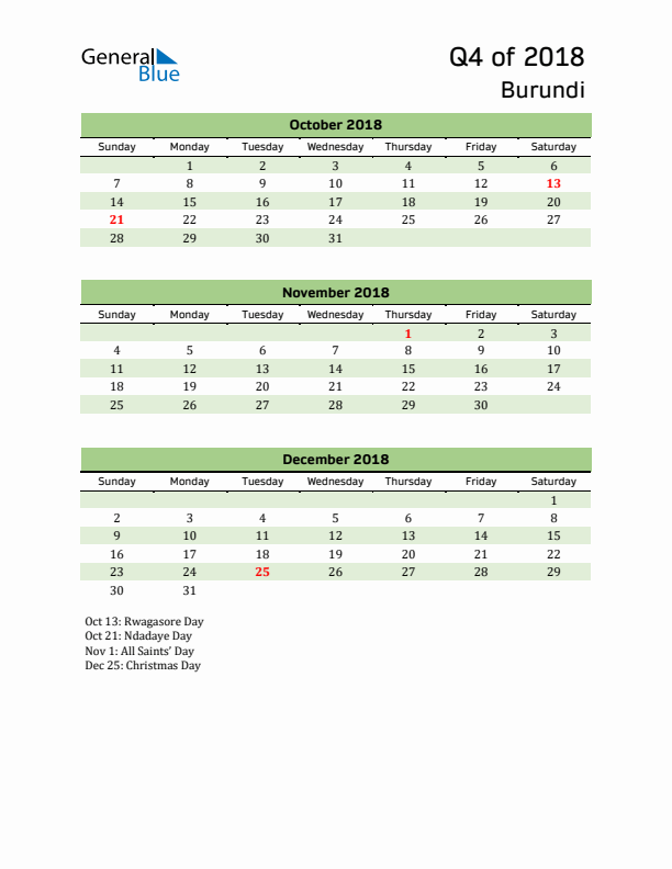 Quarterly Calendar 2018 with Burundi Holidays