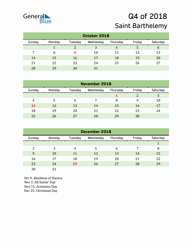 Quarterly Calendar 2018 with Saint Barthelemy Holidays