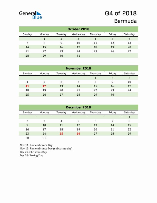 Quarterly Calendar 2018 with Bermuda Holidays