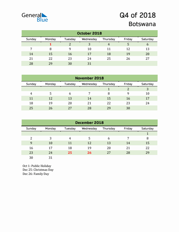 Quarterly Calendar 2018 with Botswana Holidays