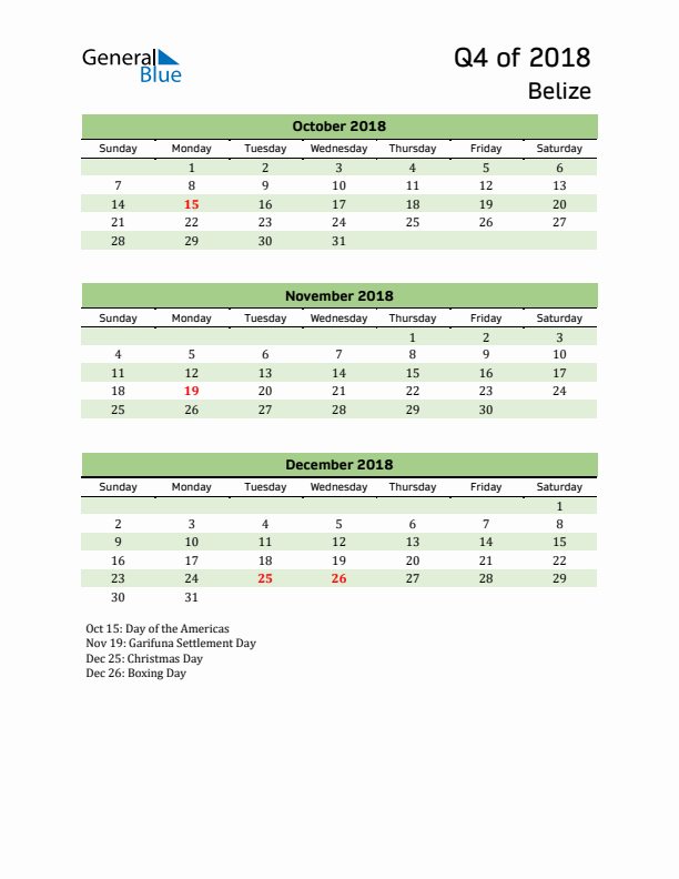 Quarterly Calendar 2018 with Belize Holidays