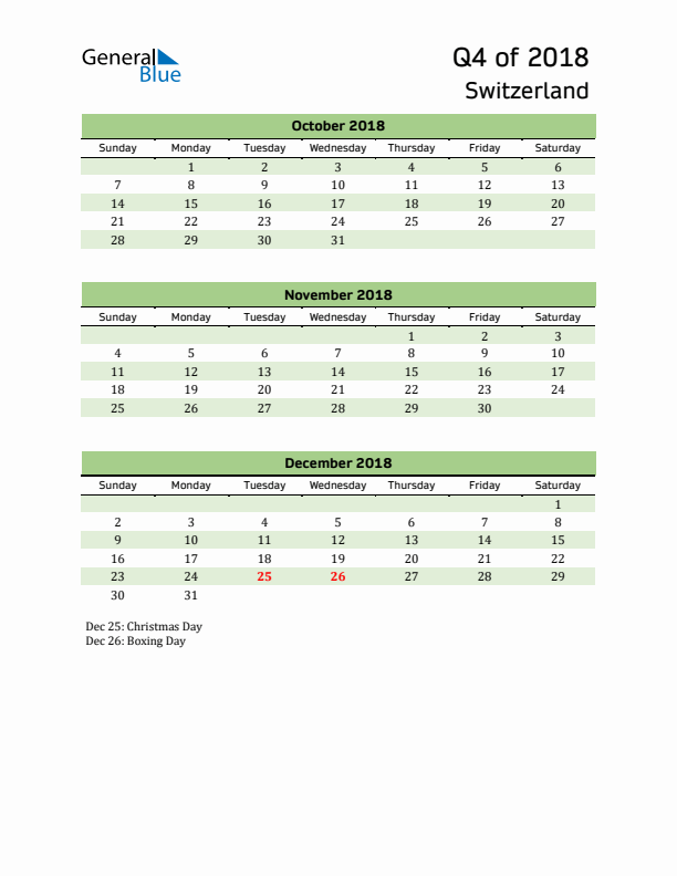 Quarterly Calendar 2018 with Switzerland Holidays