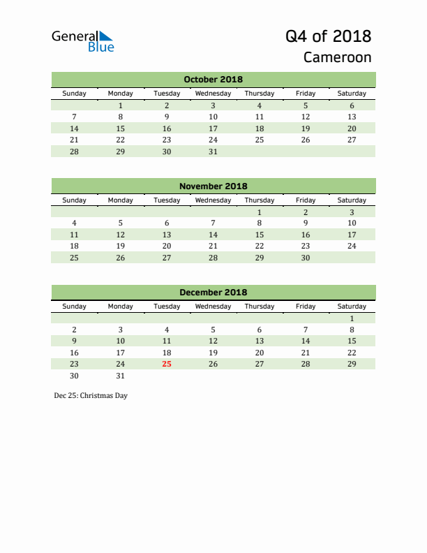 Quarterly Calendar 2018 with Cameroon Holidays