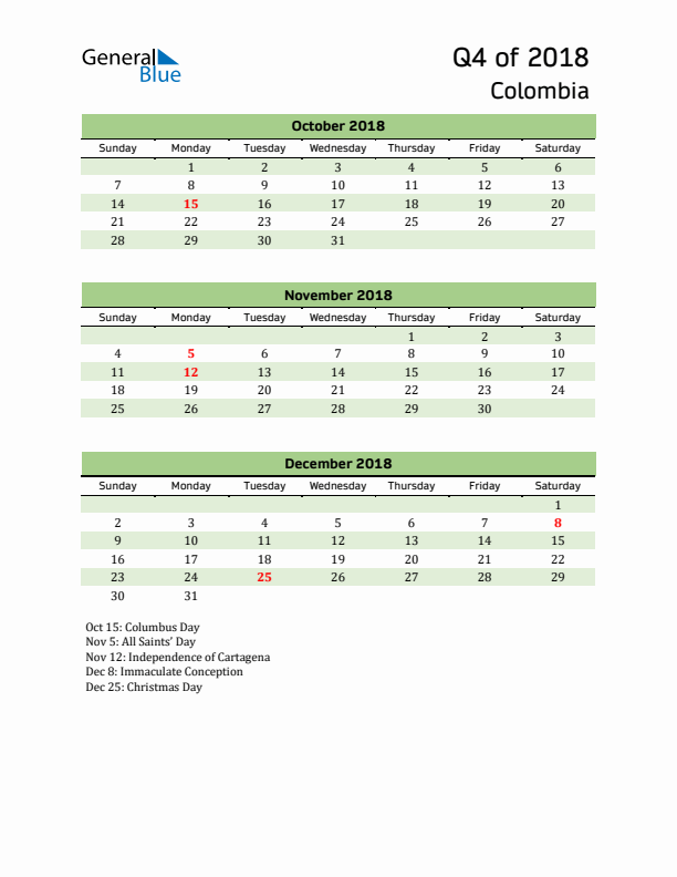 Quarterly Calendar 2018 with Colombia Holidays