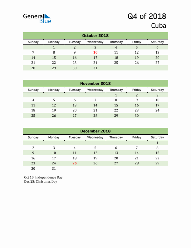 Quarterly Calendar 2018 with Cuba Holidays