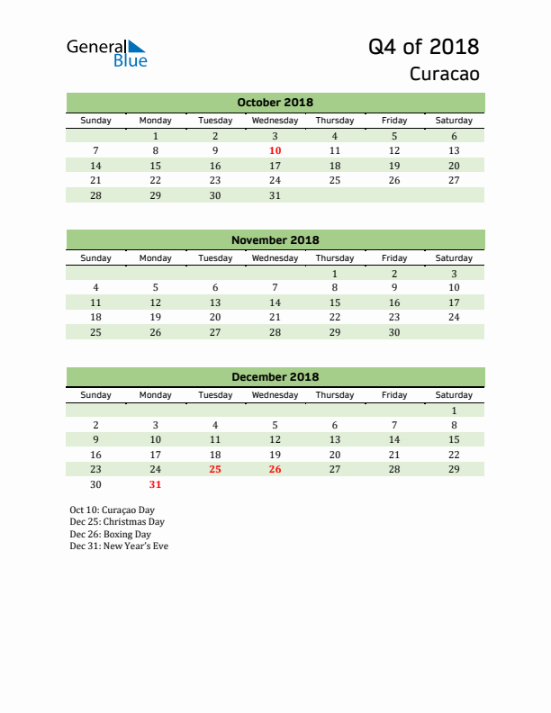 Quarterly Calendar 2018 with Curacao Holidays