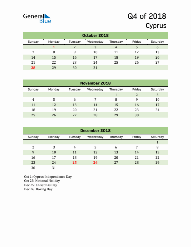 Quarterly Calendar 2018 with Cyprus Holidays