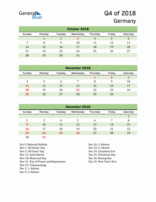 Quarterly Calendar 2018 with Germany Holidays