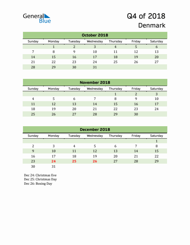 Quarterly Calendar 2018 with Denmark Holidays