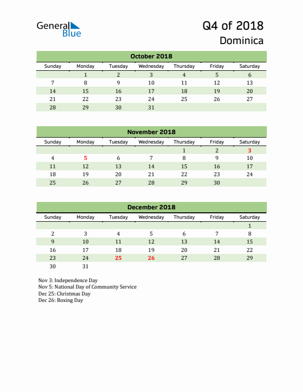 Quarterly Calendar 2018 with Dominica Holidays