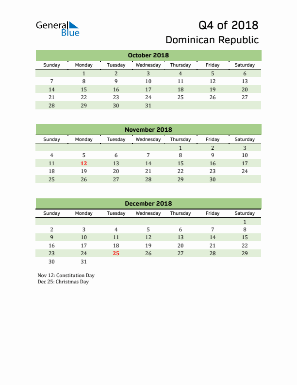 Quarterly Calendar 2018 with Dominican Republic Holidays