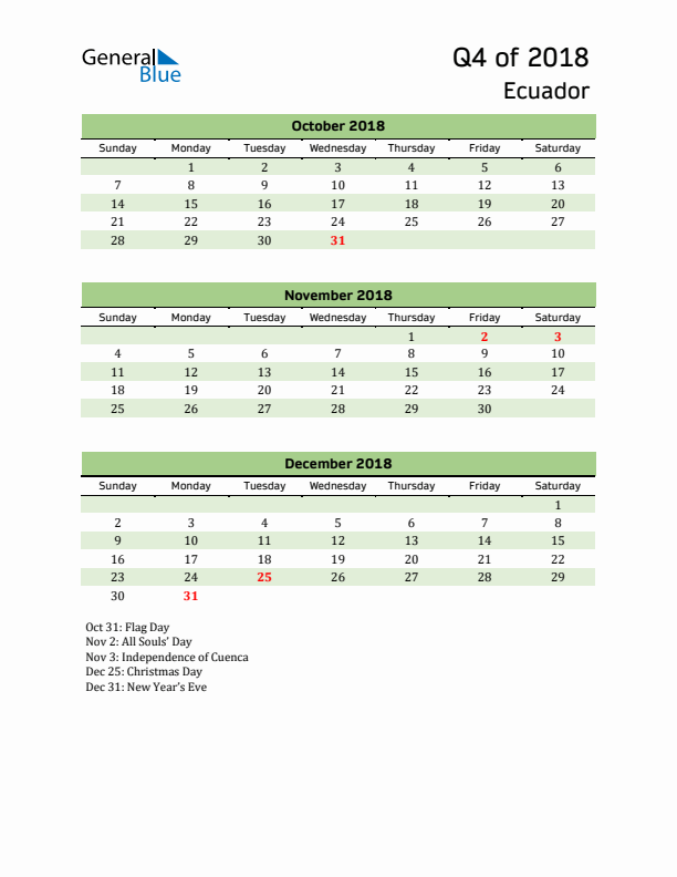 Quarterly Calendar 2018 with Ecuador Holidays