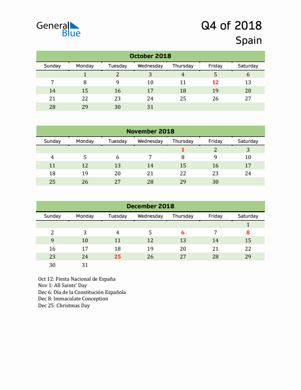 Quarterly Calendar 2018 with Spain Holidays