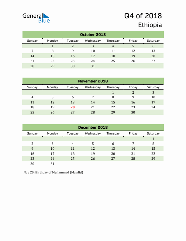 Quarterly Calendar 2018 with Ethiopia Holidays