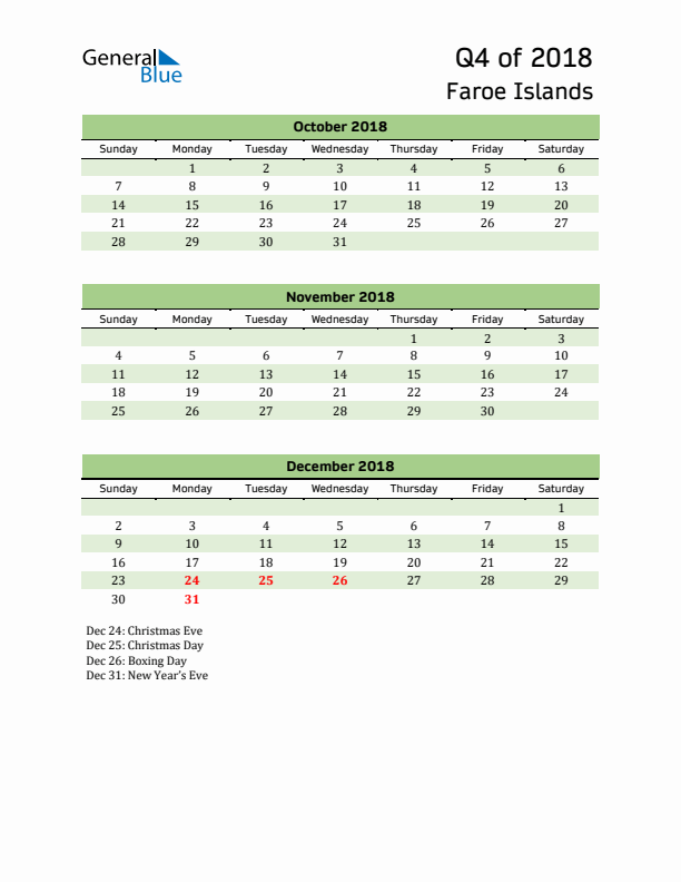 Quarterly Calendar 2018 with Faroe Islands Holidays