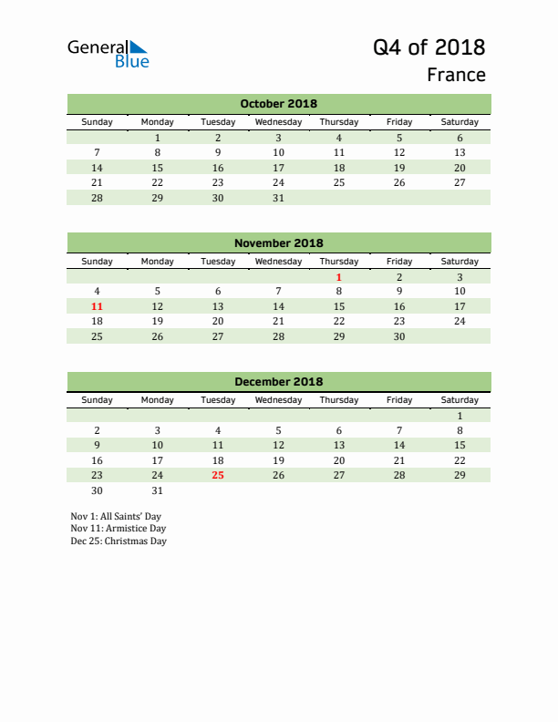 Quarterly Calendar 2018 with France Holidays