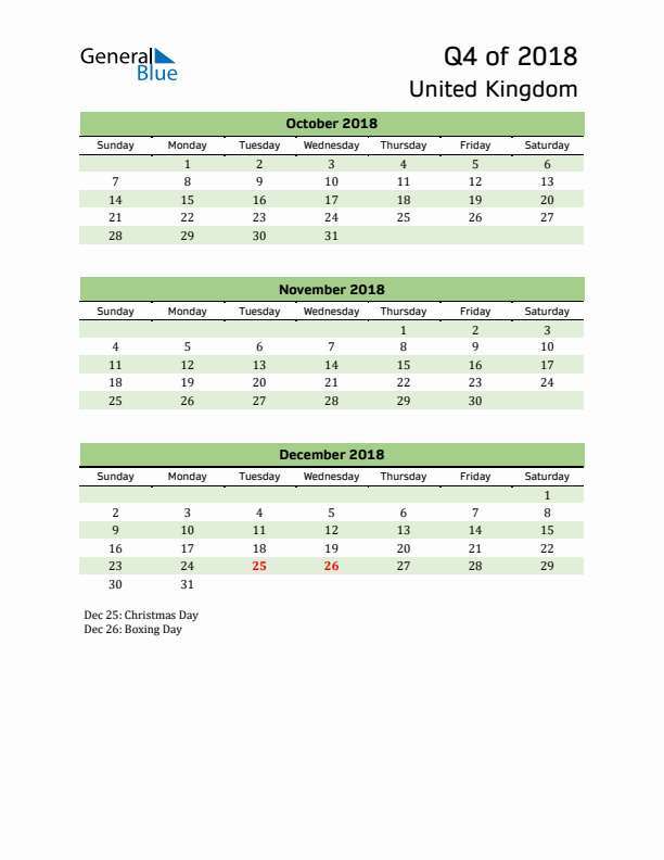 Quarterly Calendar 2018 with United Kingdom Holidays