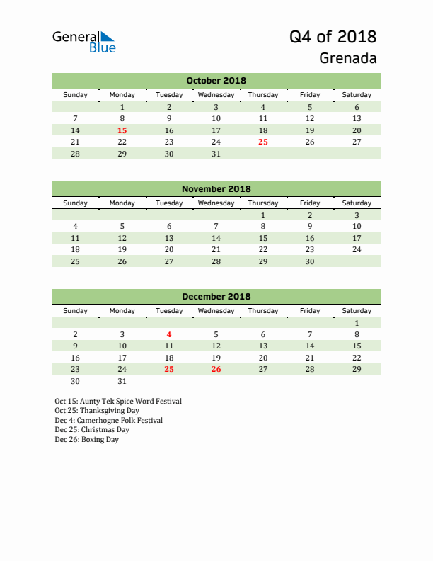 Quarterly Calendar 2018 with Grenada Holidays