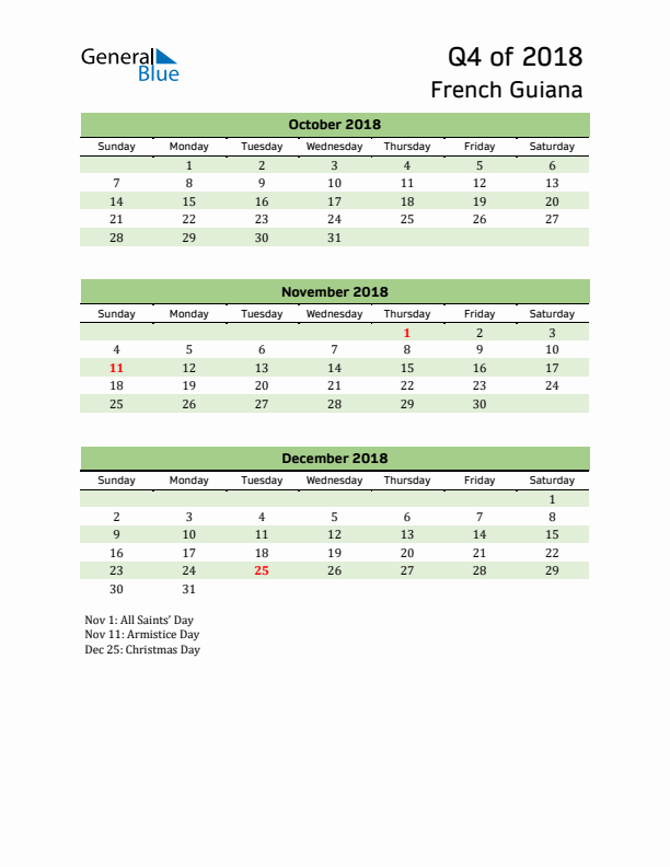 Quarterly Calendar 2018 with French Guiana Holidays