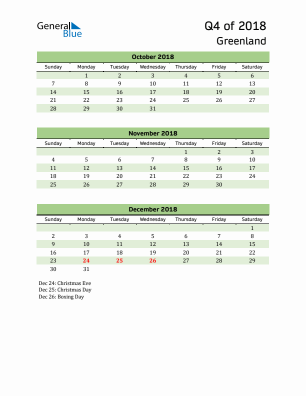 Quarterly Calendar 2018 with Greenland Holidays