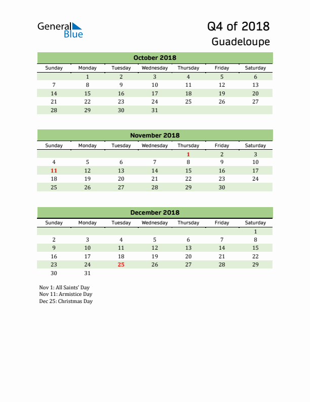 Quarterly Calendar 2018 with Guadeloupe Holidays