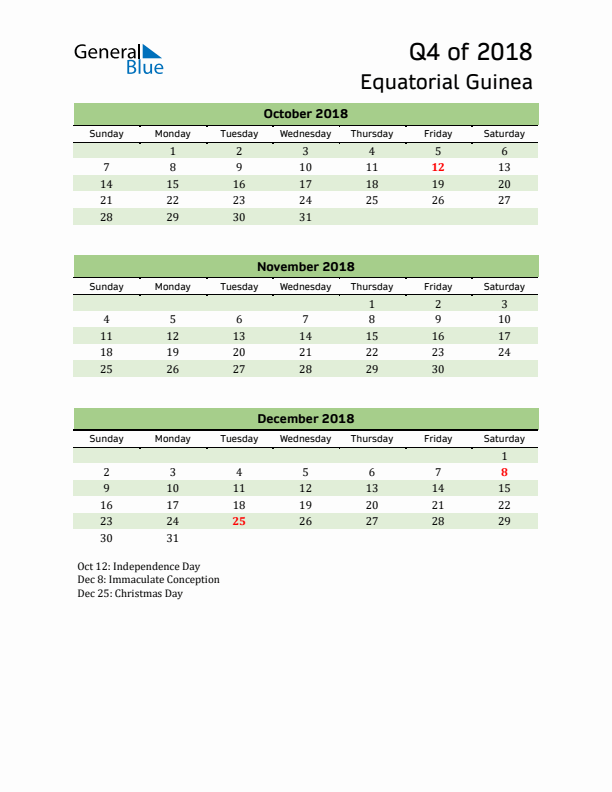 Quarterly Calendar 2018 with Equatorial Guinea Holidays