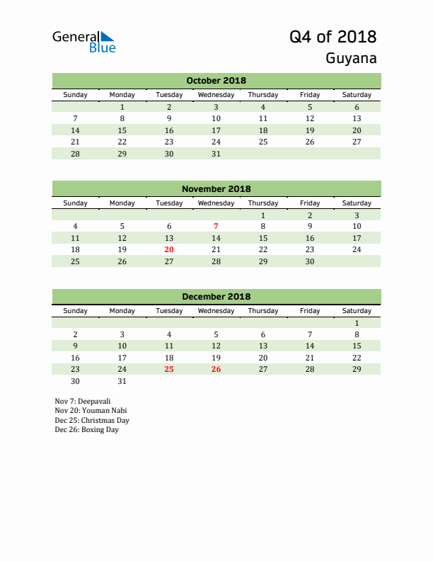 Quarterly Calendar 2018 with Guyana Holidays