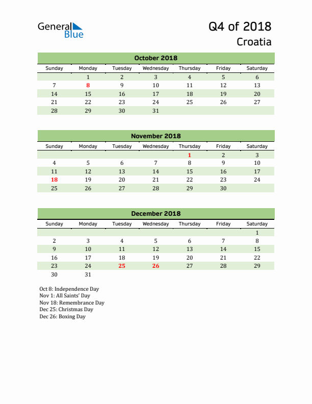 Quarterly Calendar 2018 with Croatia Holidays