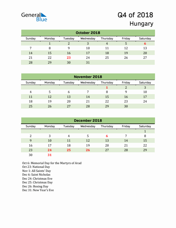 Quarterly Calendar 2018 with Hungary Holidays