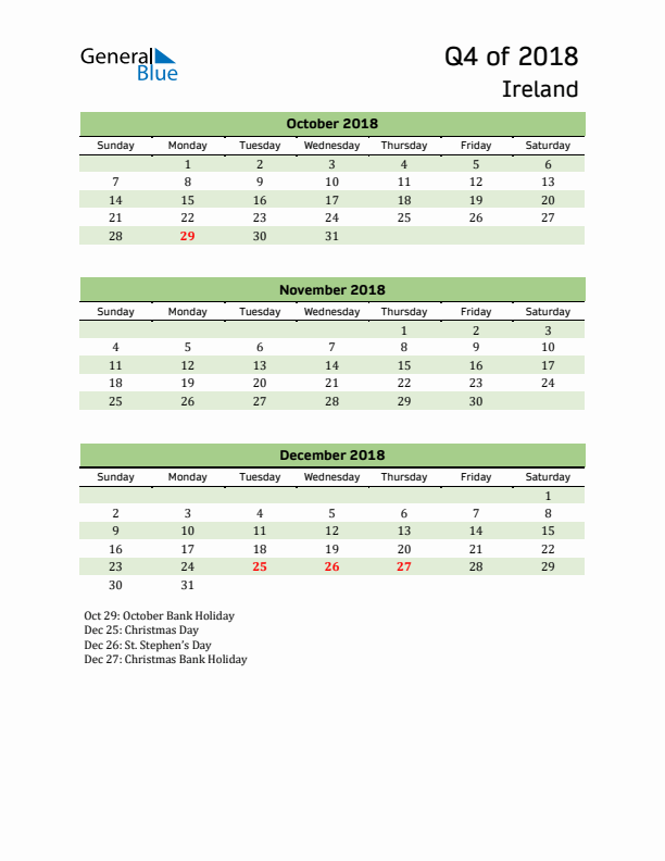 Quarterly Calendar 2018 with Ireland Holidays