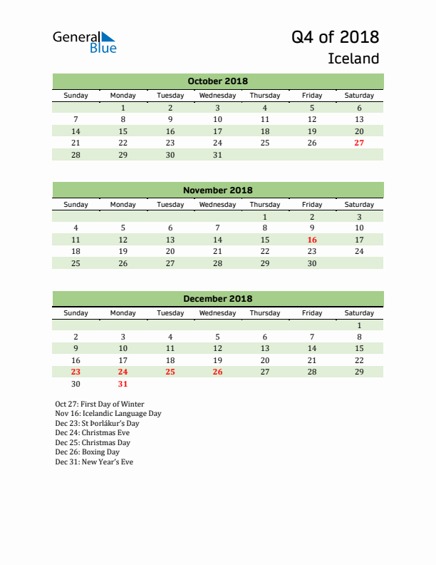 Quarterly Calendar 2018 with Iceland Holidays