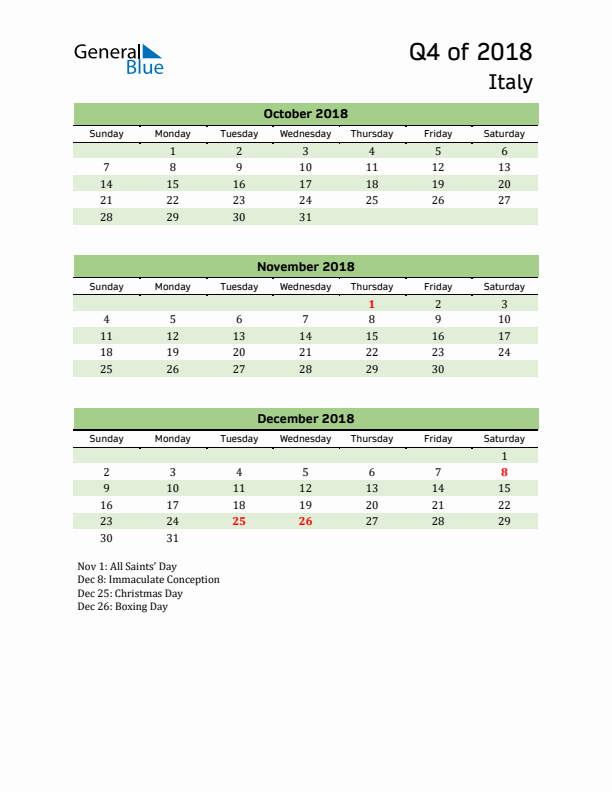 Quarterly Calendar 2018 with Italy Holidays