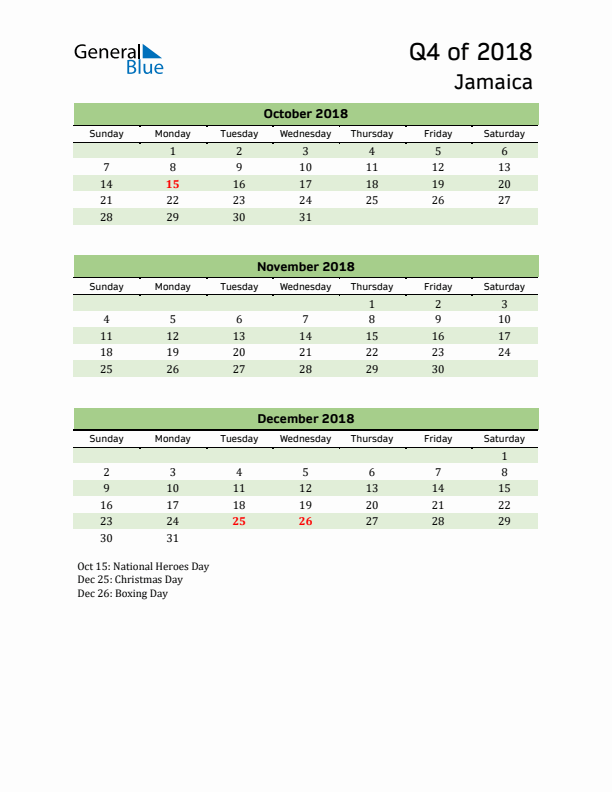 Quarterly Calendar 2018 with Jamaica Holidays