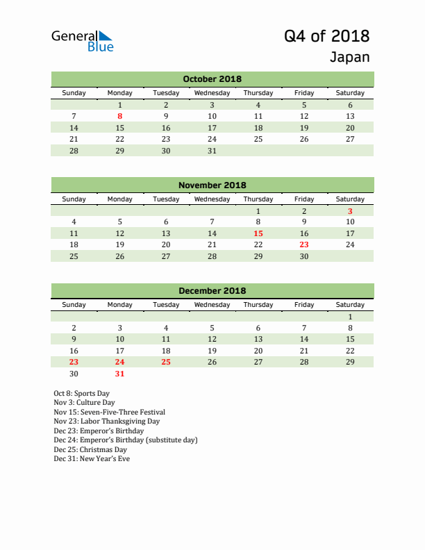 Quarterly Calendar 2018 with Japan Holidays