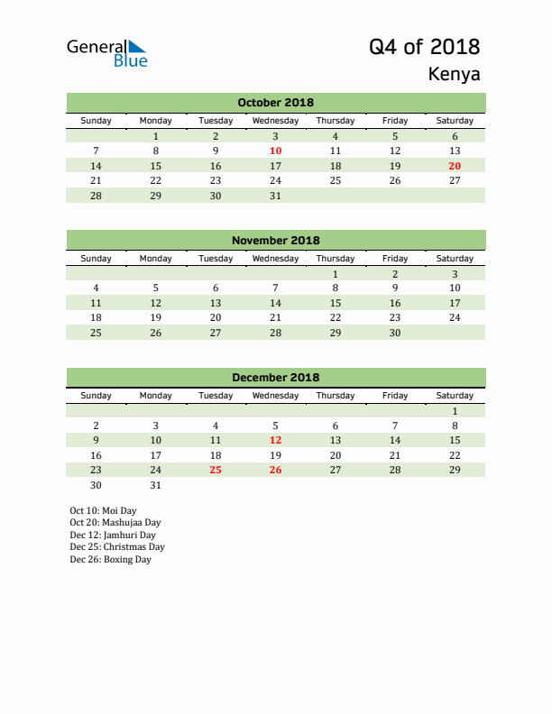 Quarterly Calendar 2018 with Kenya Holidays