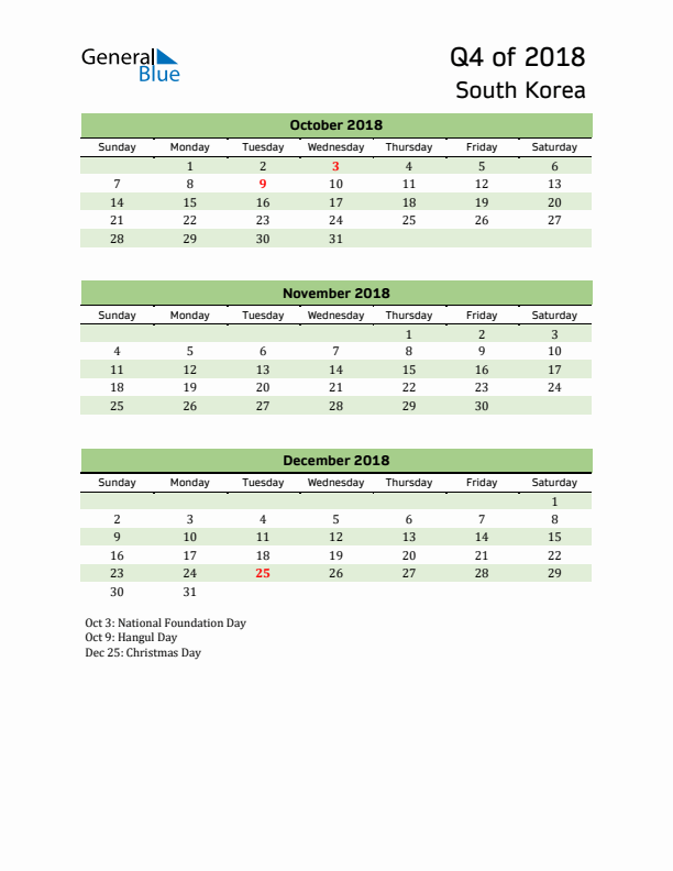 Quarterly Calendar 2018 with South Korea Holidays