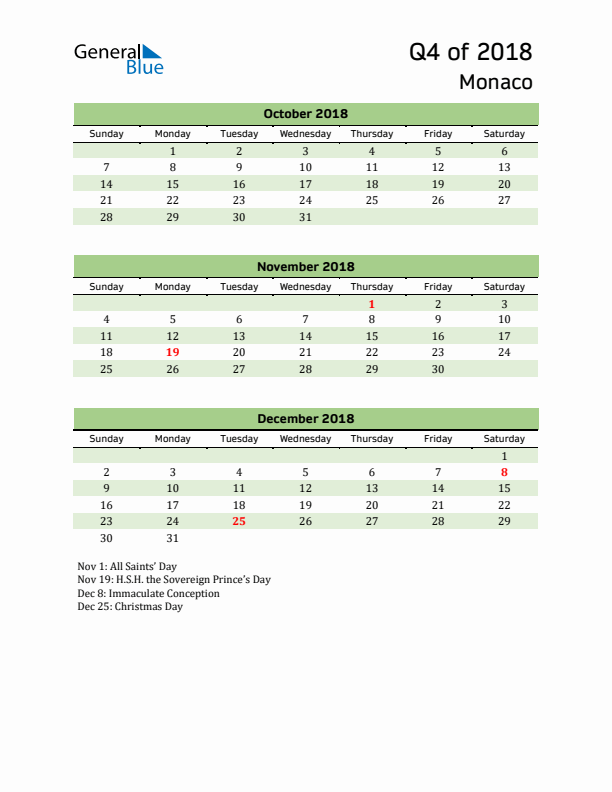 Quarterly Calendar 2018 with Monaco Holidays