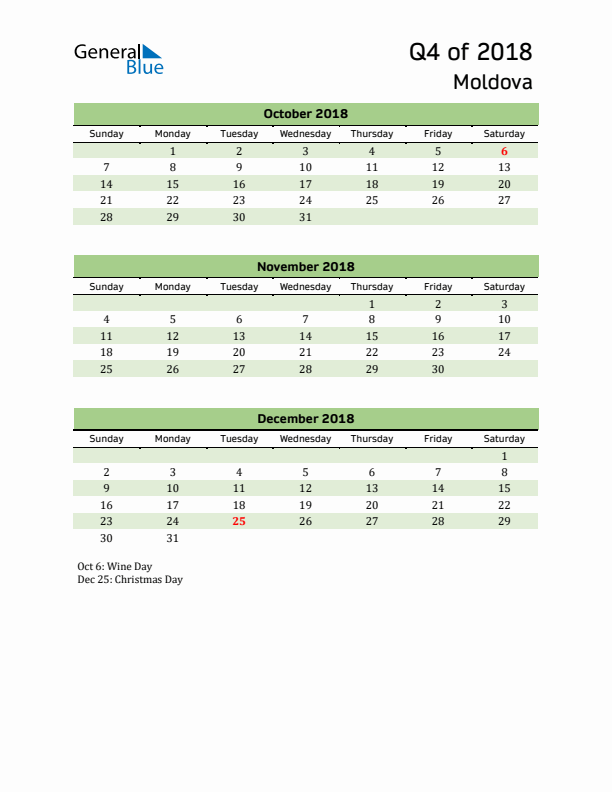 Quarterly Calendar 2018 with Moldova Holidays