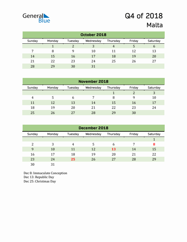 Quarterly Calendar 2018 with Malta Holidays